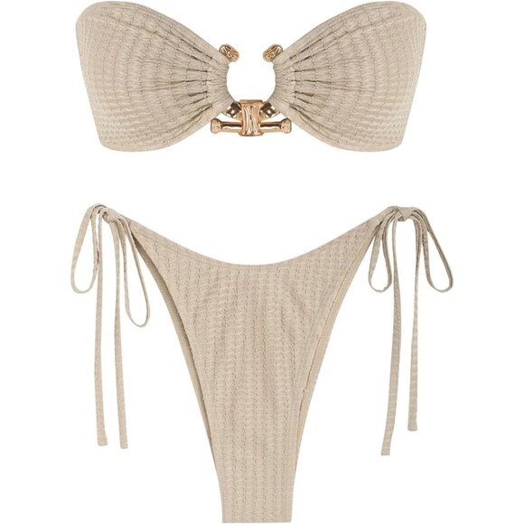 ✨Women Cream Metal Ring Bandeau Bikini Set Tie Side Bathing Suit
